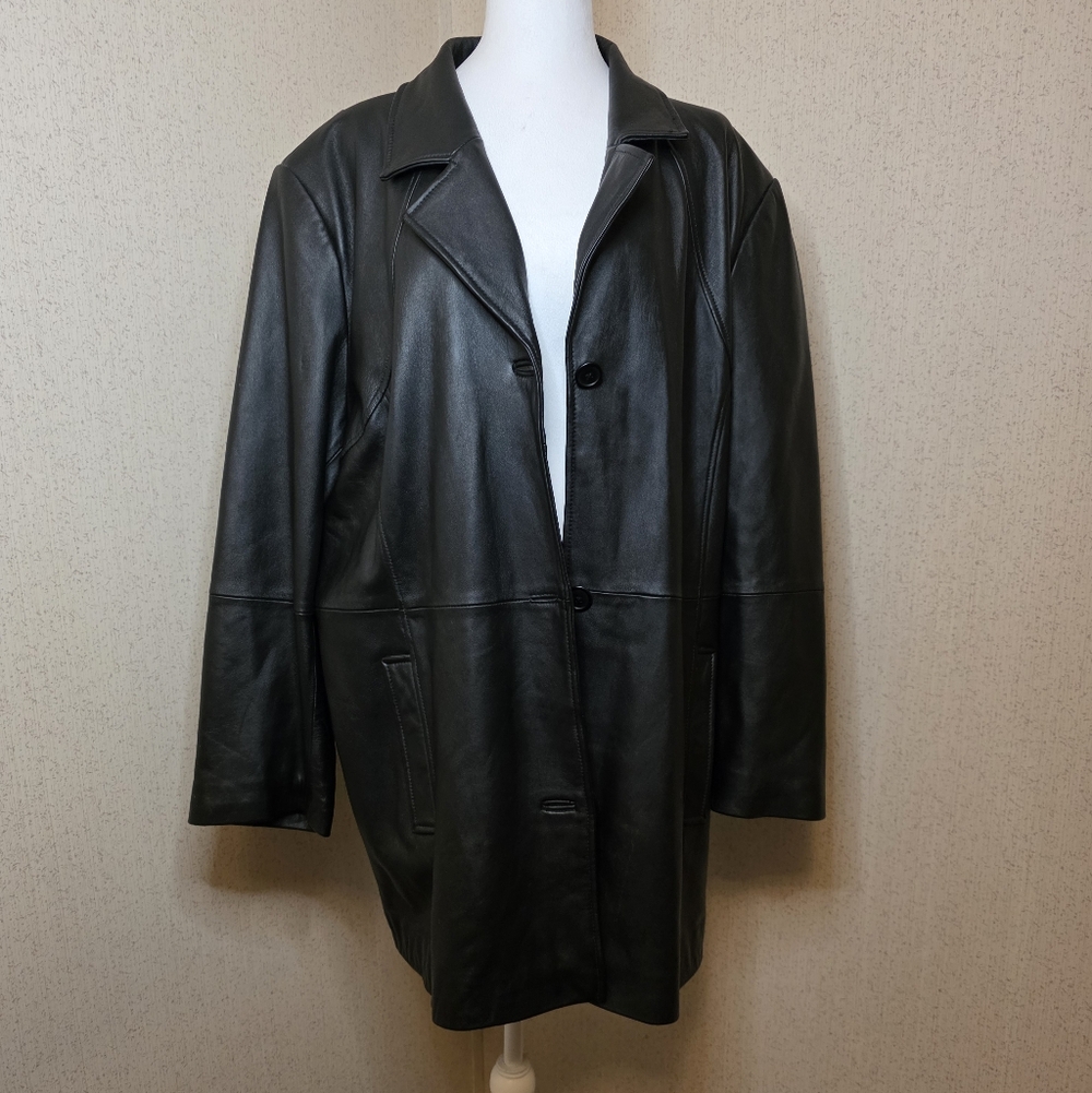 Charles Klein Womens Soft Black Leather Jacket Coat Size 24W Button Front Blazer